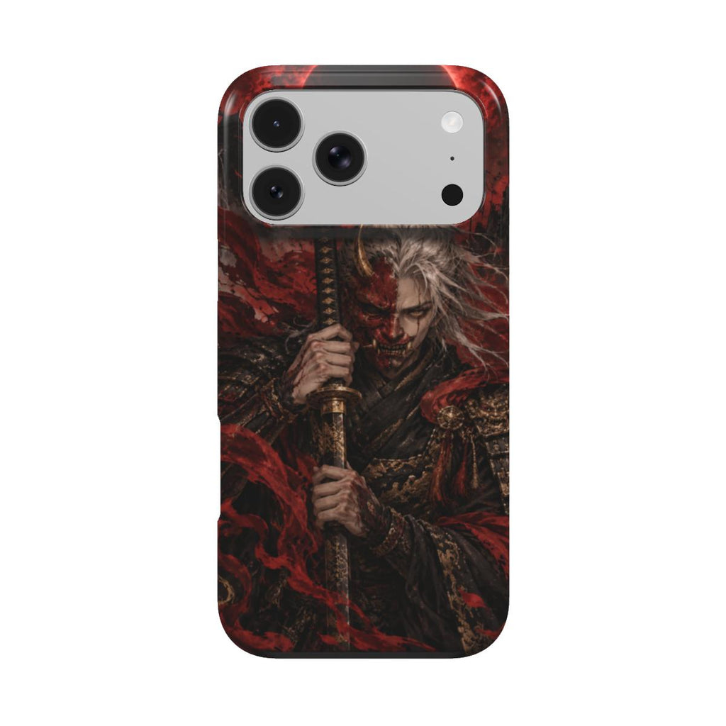 Coque Gardien de l’Éclipse vue de dos, samouraï aux cheveux argentés et demi-masque oni rouge sur fond noir et écarlate.