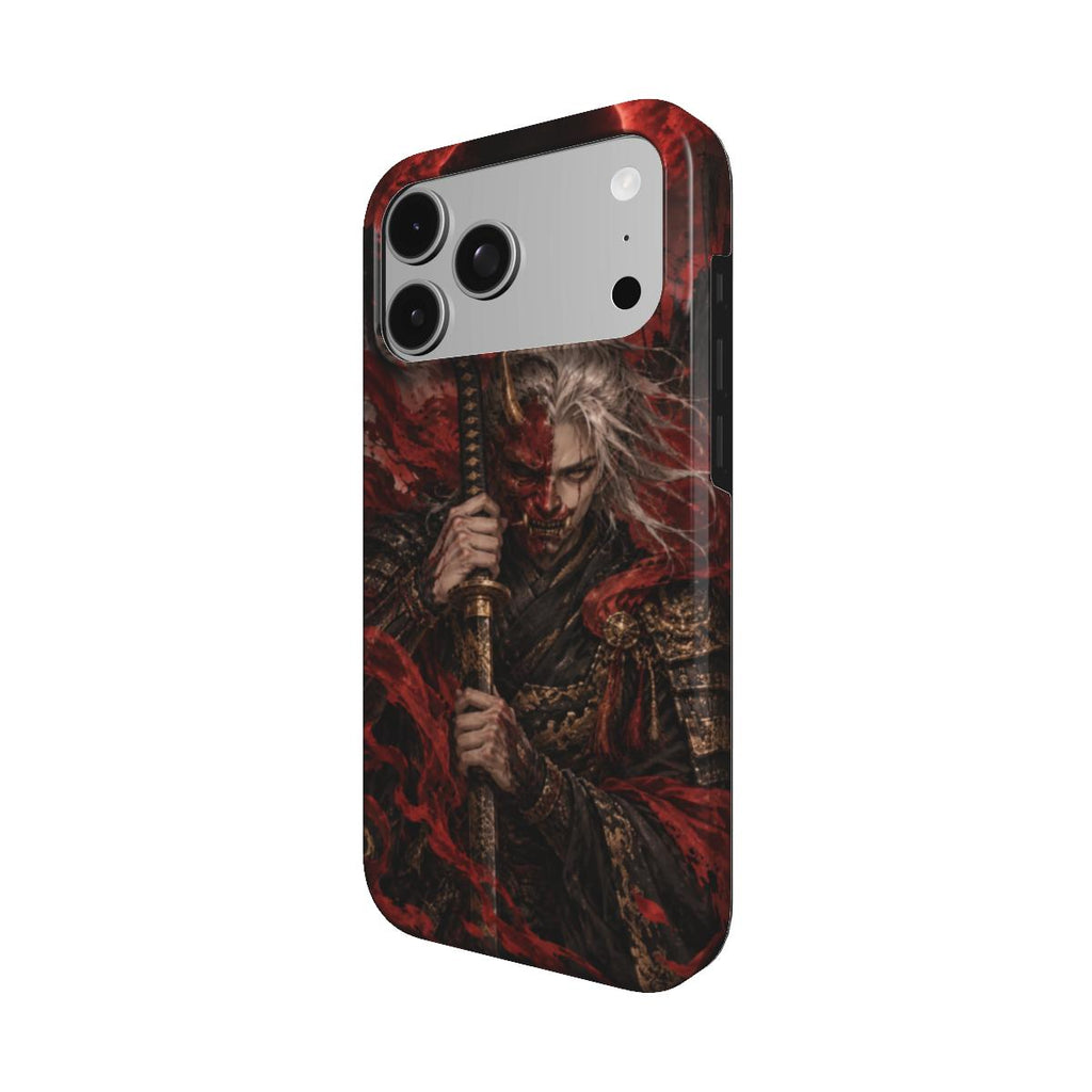 Coque Gardien de l’Éclipse vue de trois quarts, avec le samouraï au katana et le motif rouge et noir sur les bords.