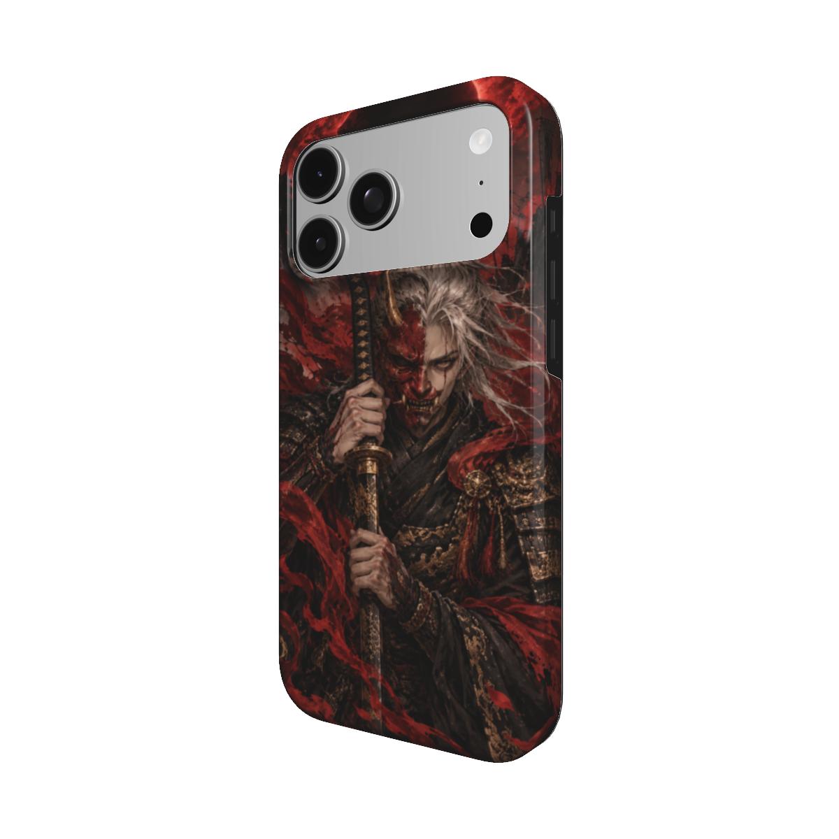Coque Gardien de l’Éclipse vue de trois quarts, avec le samouraï au katana et le motif rouge et noir sur les bords.