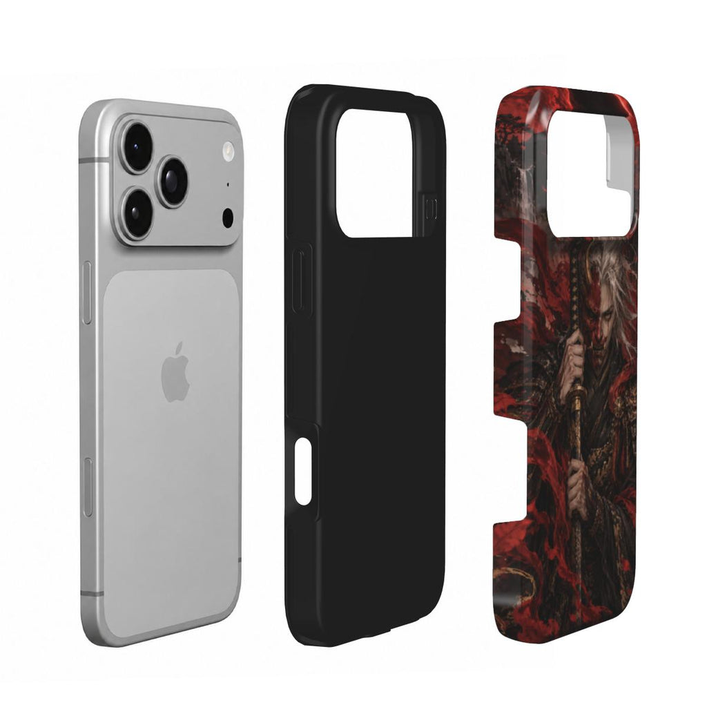 Vue éclatée de la coque Gardien de l’Éclipse : partie intérieure noire et coque extérieure imprimée du samouraï rouge et noir.