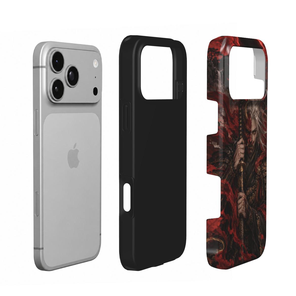 Vue éclatée de la coque Gardien de l’Éclipse : partie intérieure noire et coque extérieure imprimée du samouraï rouge et noir.