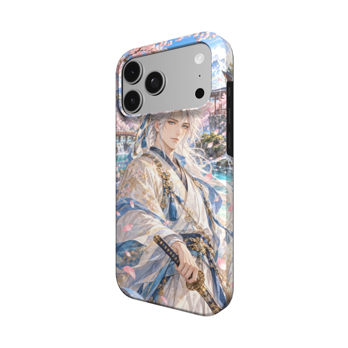 Coque Éclat de Sakura vue de trois quarts, décor de cerisiers roses et d’eau turquoise prolongé sur les bords.