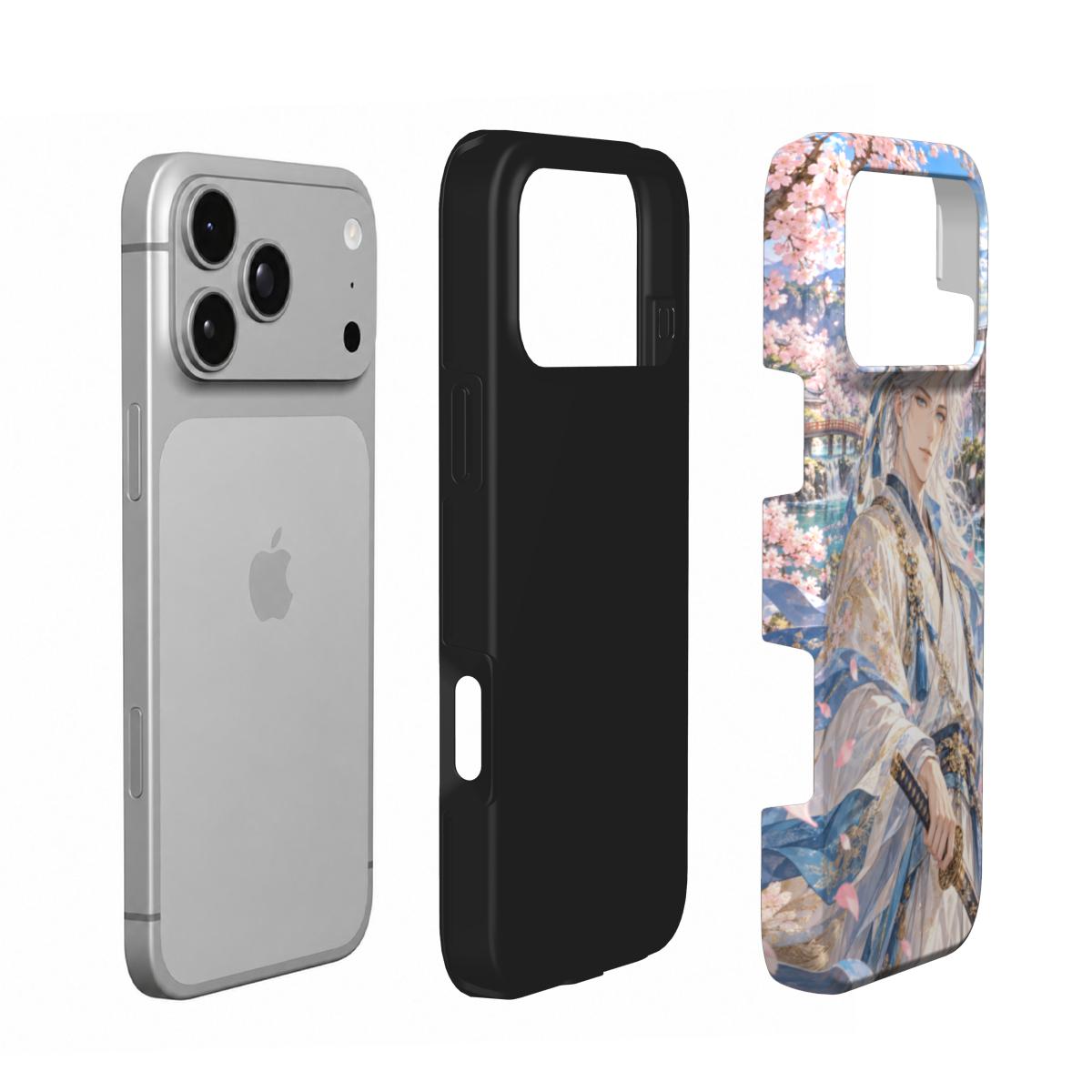 Vue éclatée de la coque Éclat de Sakura : partie intérieure noire et coque extérieure imprimée de l’épéiste et des cerisiers.