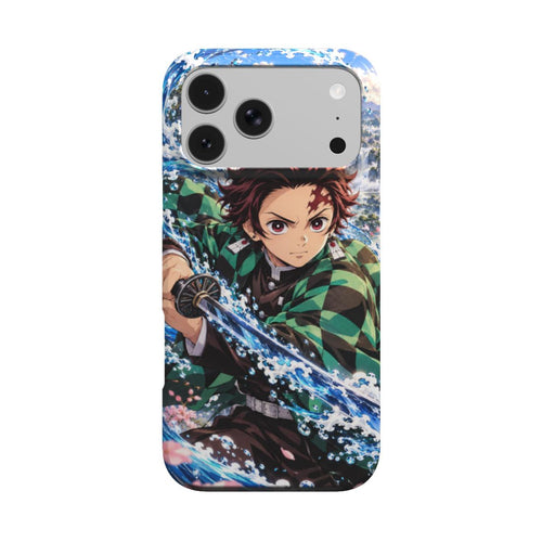 Coque Danse des Vagues vue de dos, épéiste au katana et manteau à damier vert et noir entouré de vagues bleues.