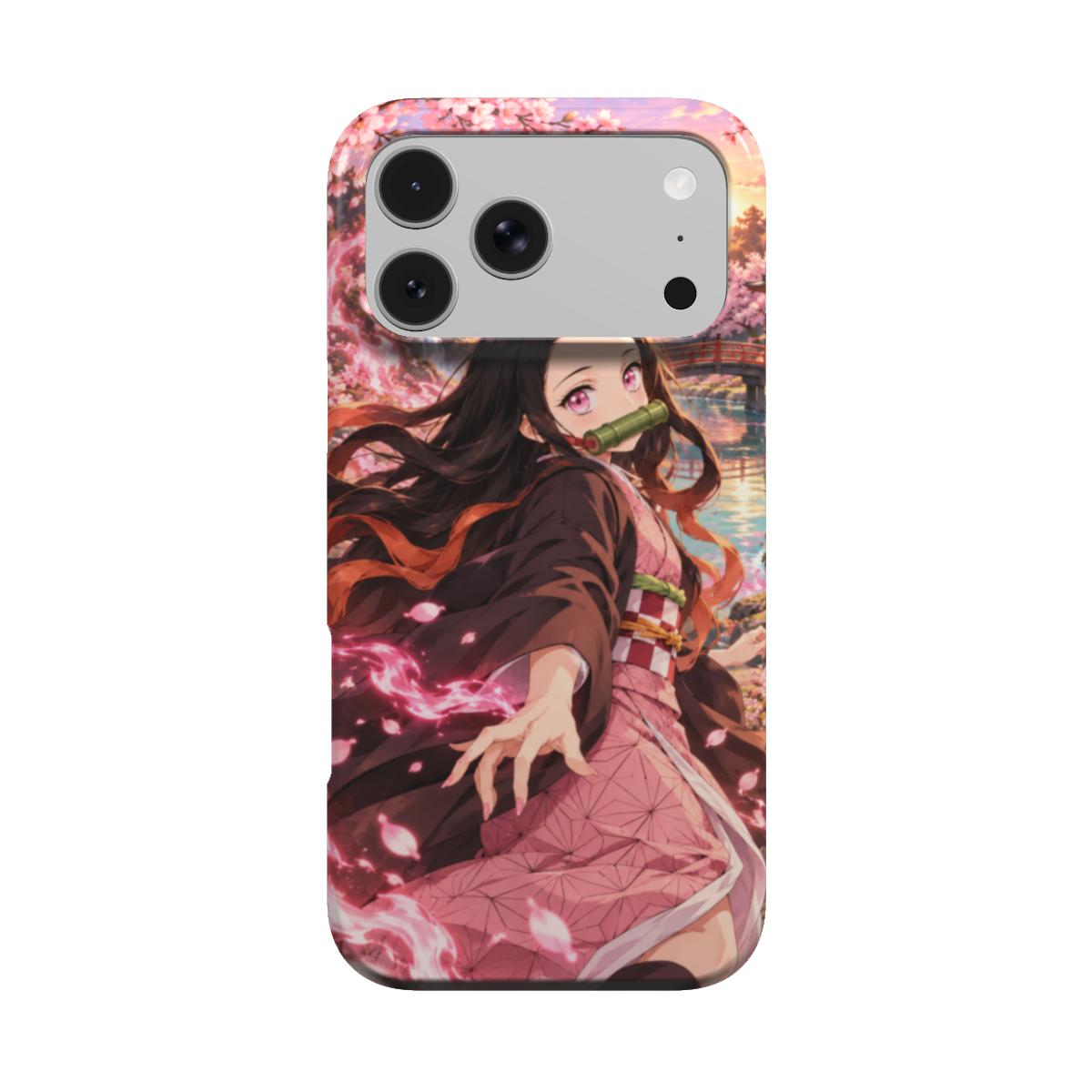 Coque manga Flammes de Sakura vue de dos : héroïne au kimono rose, cerisiers en fleurs et flammes roses.