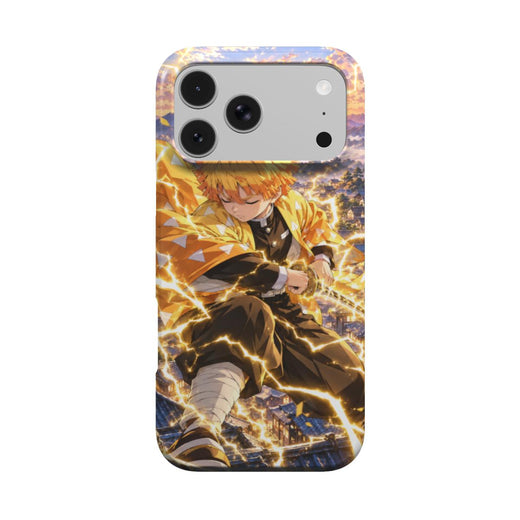 Coque manga Foudre Dorée vue de dos : épéiste en jaune, katana et éclairs dorés sur des toits japonais.