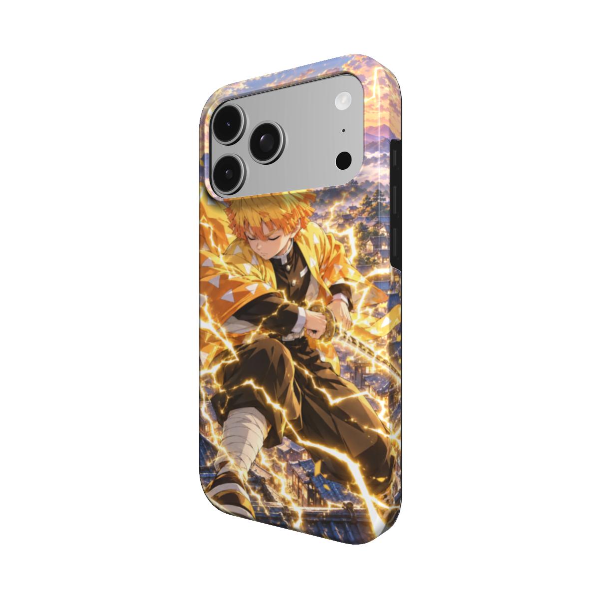 Coque Foudre Dorée vue de trois quarts, avec épéiste au haori jaune, éclairs dorés et décor sur le bord.