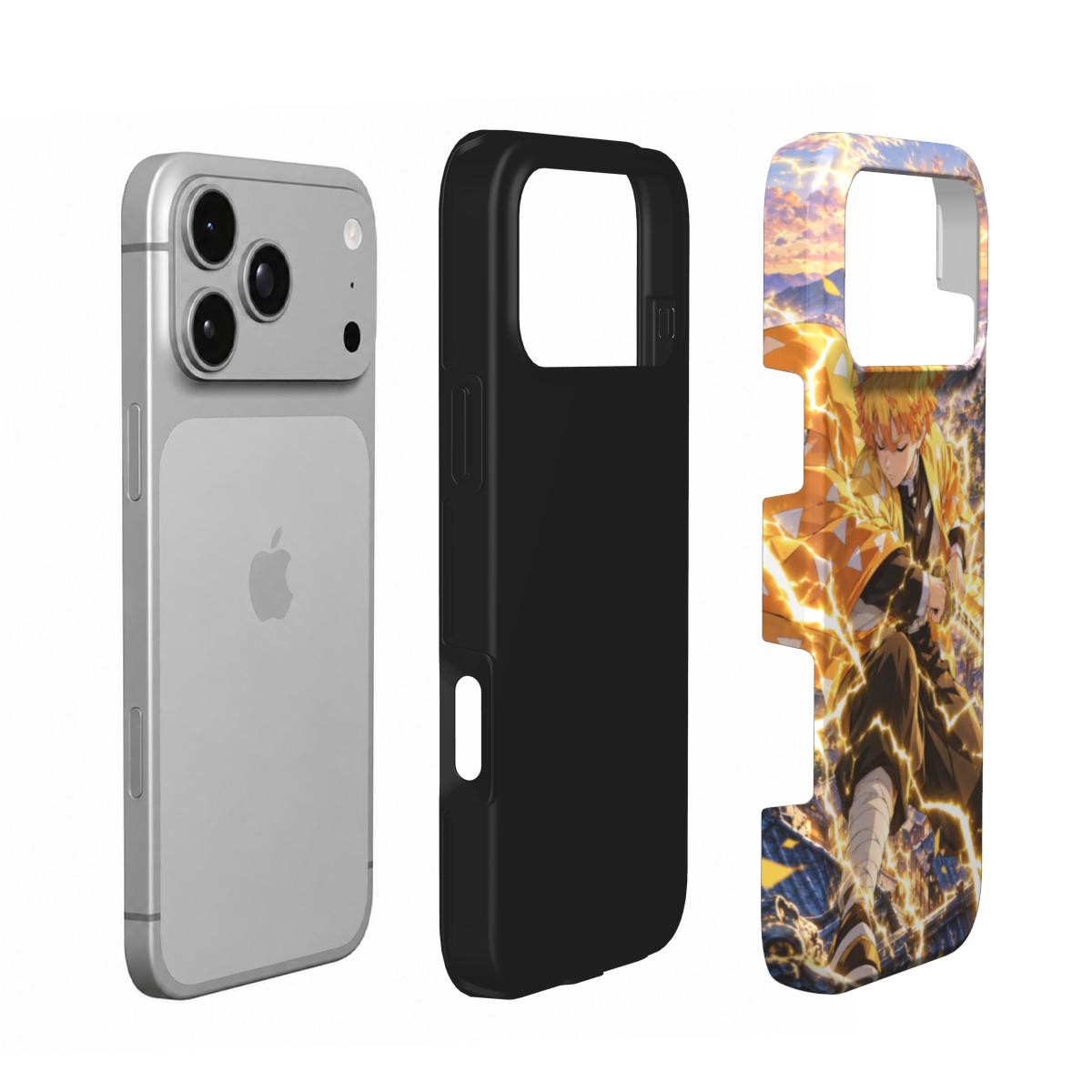Vue éclatée de la coque Foudre Dorée : téléphone, doublure noire et coque extérieure imprimée de l’épéiste aux éclairs dorés.