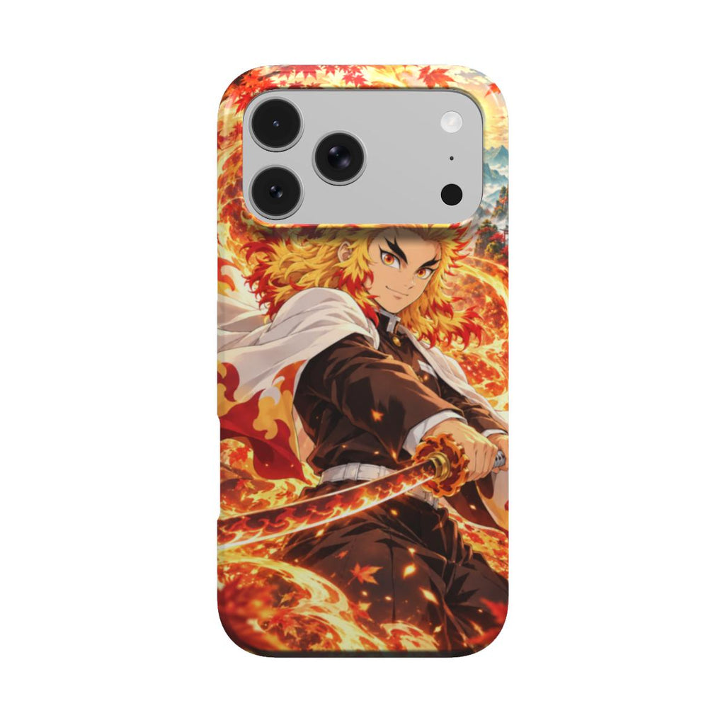 Coque manga Lame Incandescente vue de dos : épéiste à la cape blanche, katana enflammé et érables rouges.