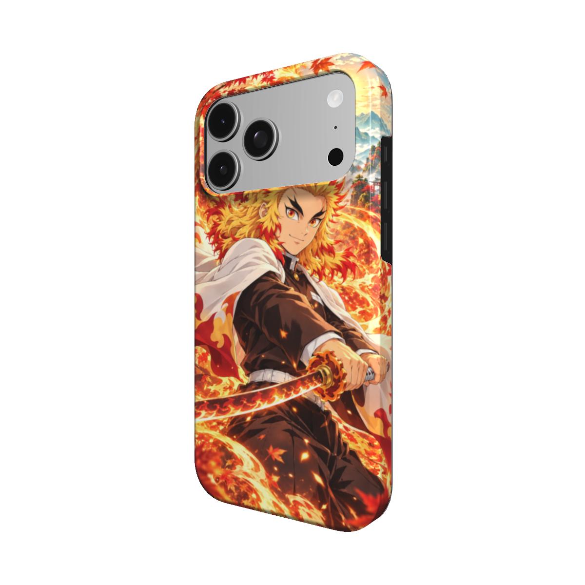 Coque Lame Incandescente vue de trois quarts, avec épéiste aux cheveux dorés et rouges et flammes sur le bord.
