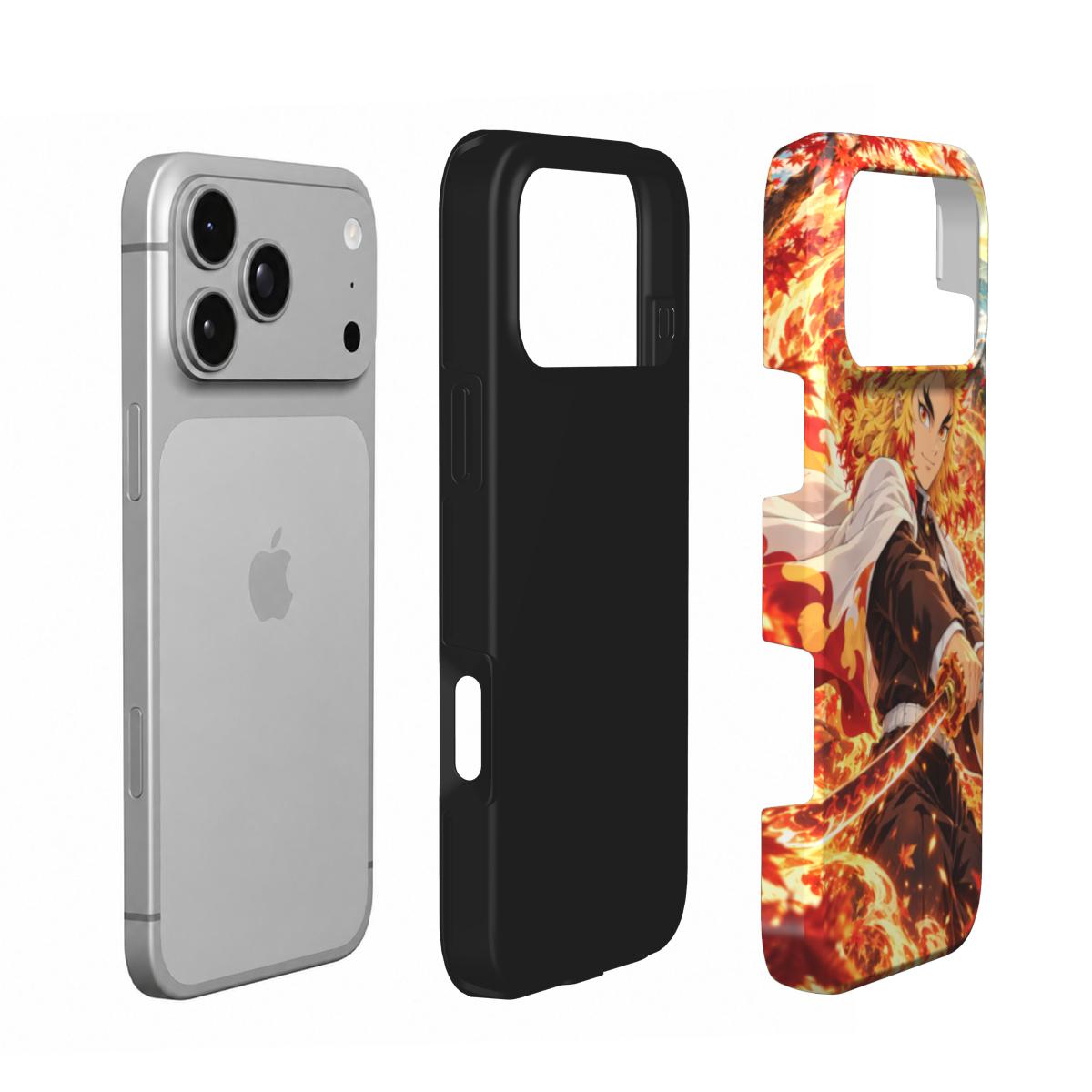 Vue éclatée de la coque Lame Incandescente : téléphone, doublure noire et coque extérieure imprimée de l’épéiste au katana enflammé.