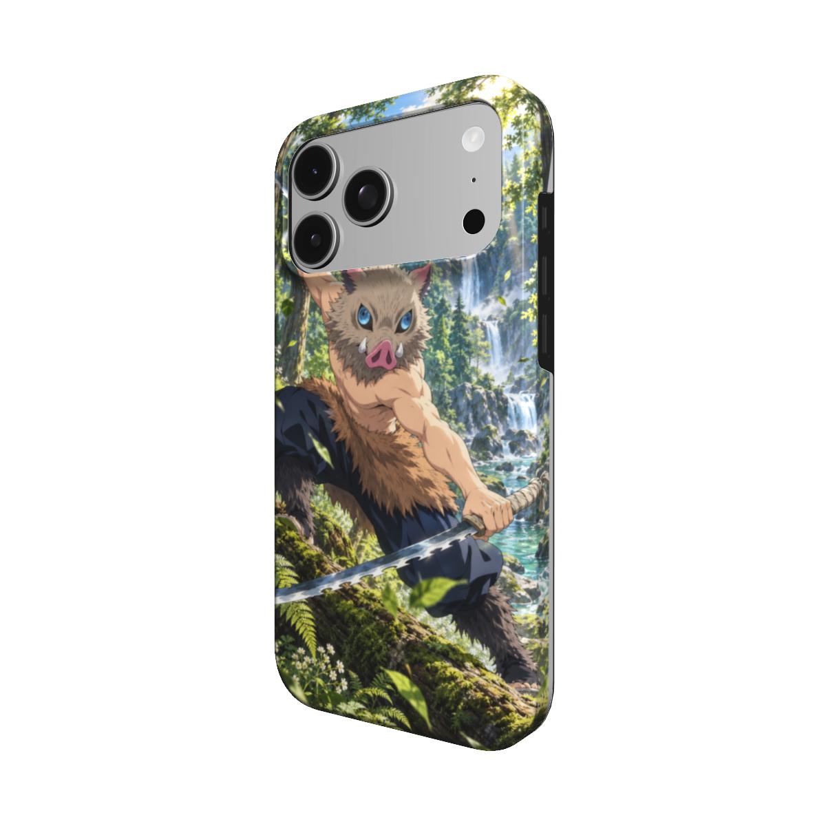 Coque Instinct Sauvage AkumaSkins vue de trois quarts, motif manga vert et bleu prolongé sur les côtés.