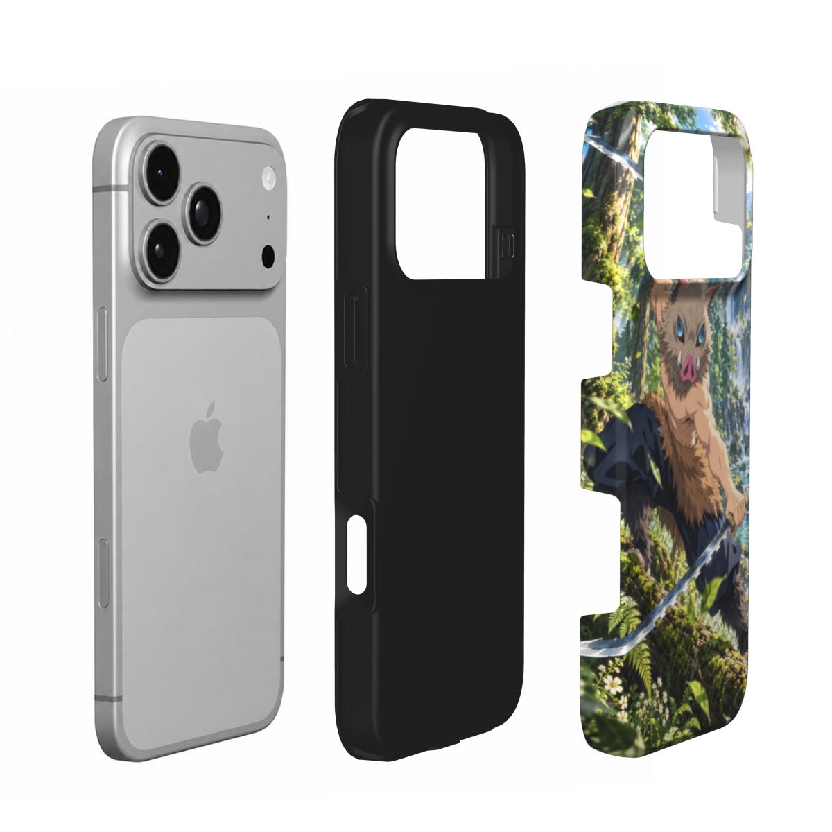 Vue éclatée de la coque Tough Instinct Sauvage AkumaSkins : couche intérieure noire et coque extérieure illustrée séparées du téléphone.