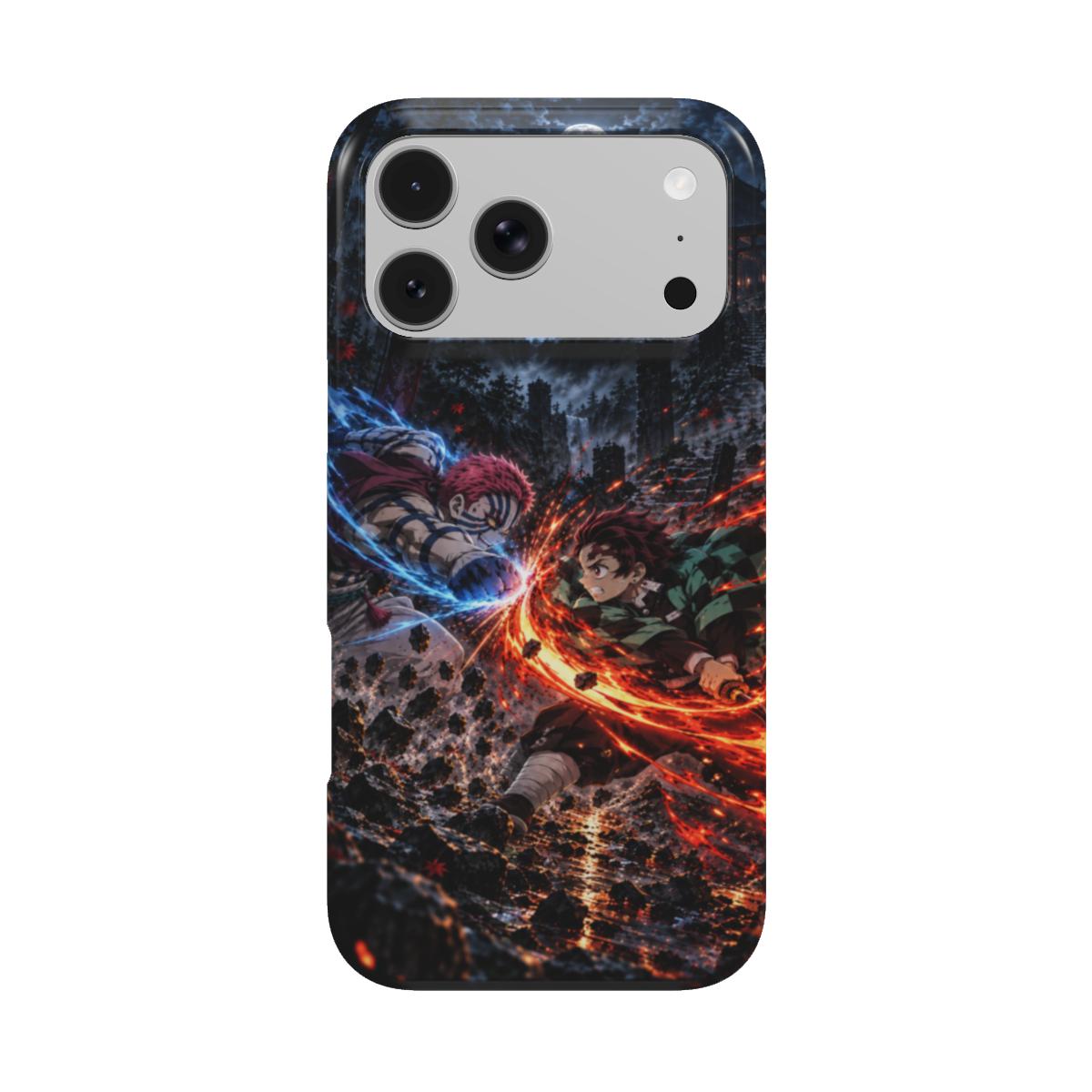 Coque manga Duel des Éléments AkumaSkins, vue arrière : combat nocturne entre une lame enflammée et une énergie bleue.