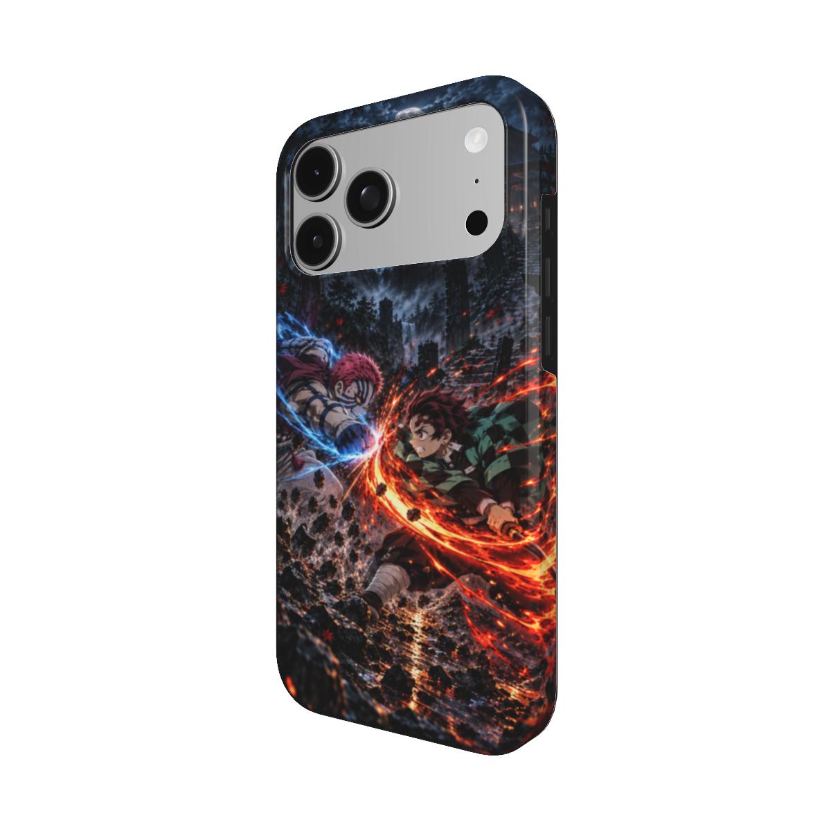Coque Duel des Éléments AkumaSkins vue de trois quarts, motif manga de combat aux flammes orange et aux effets bleus.