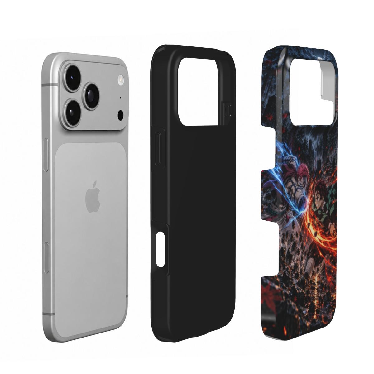 Vue éclatée de la coque Tough Duel des Éléments : couche intérieure noire et coque extérieure illustrée séparées du téléphone.