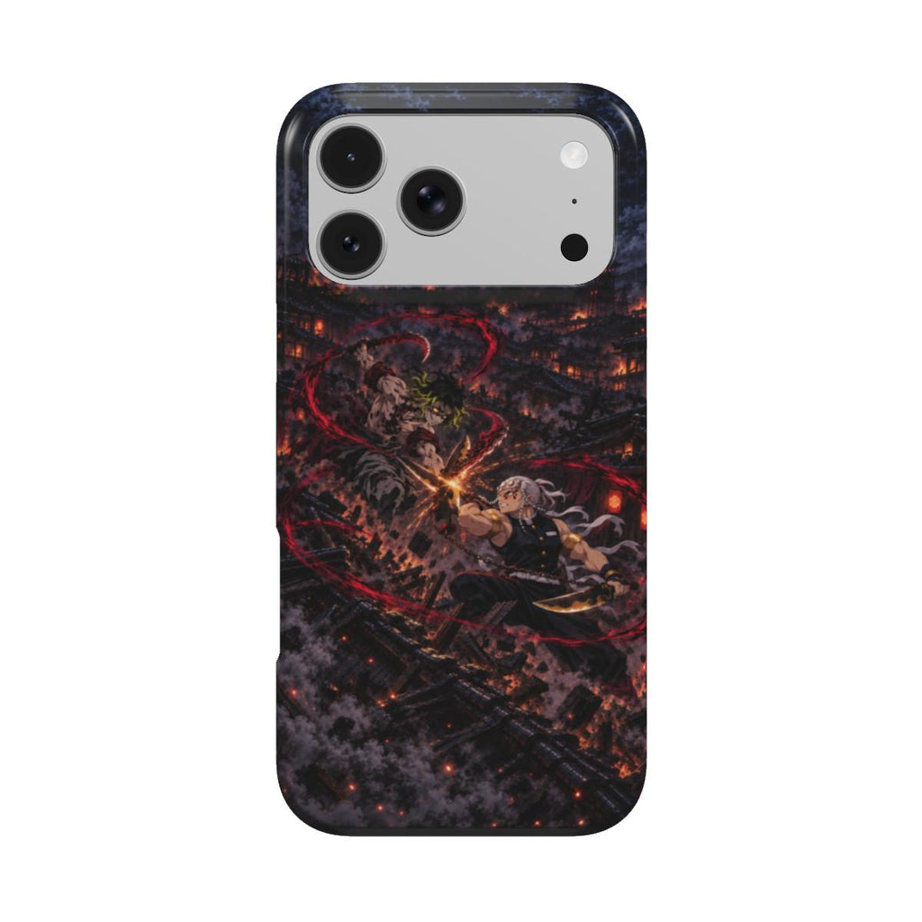 Coque manga Fureur Nocturne AkumaSkins, vue arrière : duel entre un épéiste et un démon sur les toits d’une ville japonaise.