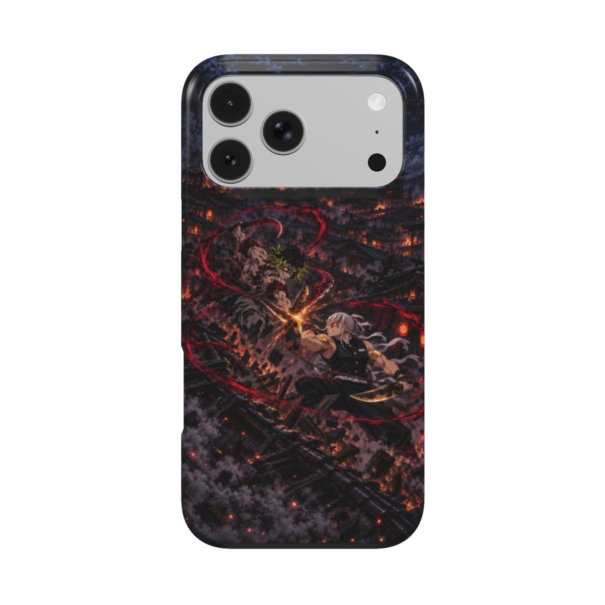 Coque manga Fureur Nocturne AkumaSkins, vue arrière : duel entre un épéiste et un démon sur les toits d’une ville japonaise.