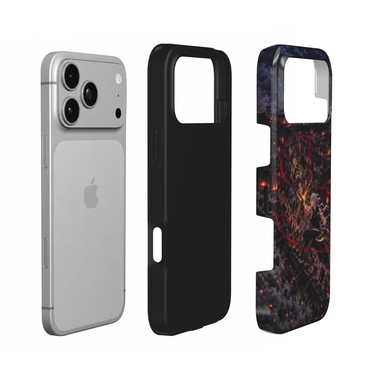 Vue éclatée de la coque Tough Fureur Nocturne : couche intérieure noire et coque extérieure illustrée séparées du téléphone.